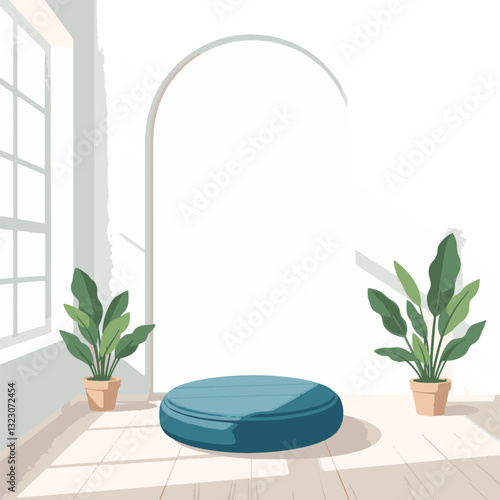 Serene meditation cushion in tranquil temple room, calming ambiance
