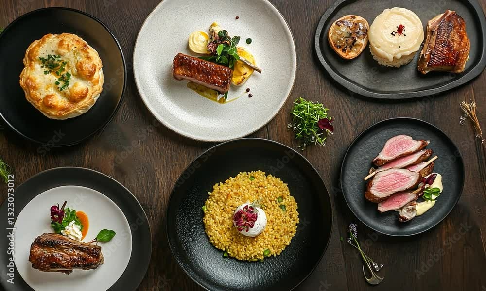 A beautifully arranged gourmet meal featuring various dishes on elegant plates, showcasing culinary artistry and presentation. A beautifully arranged gourmet meal featuring various dishes on elegant plates, showcasing culinary artistry and presentation.