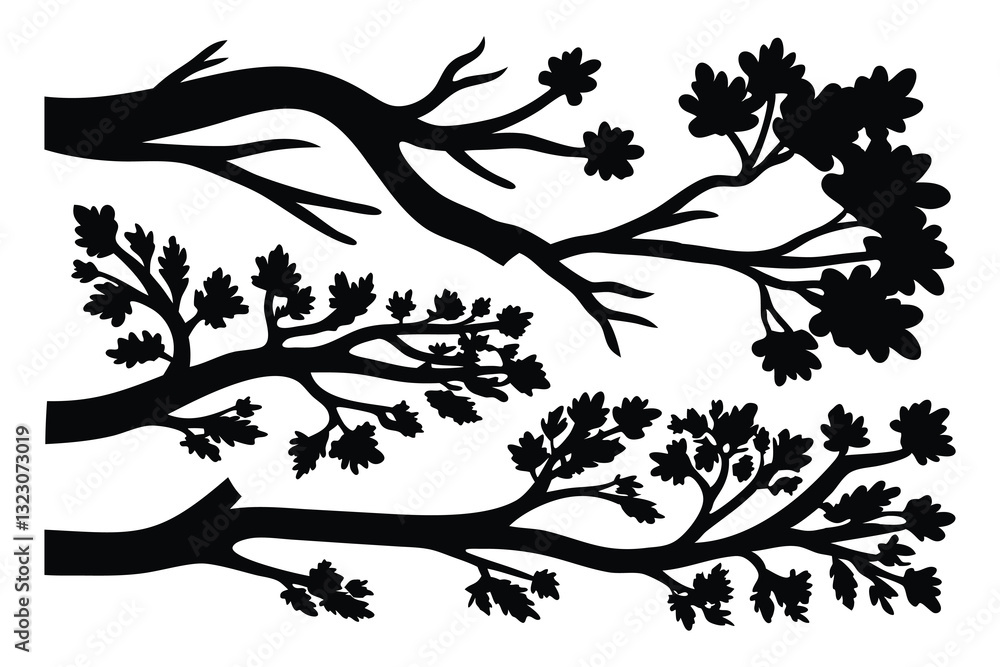 Fototapeta premium Tree branch silhouettes set isolated flat vector illustration on white background