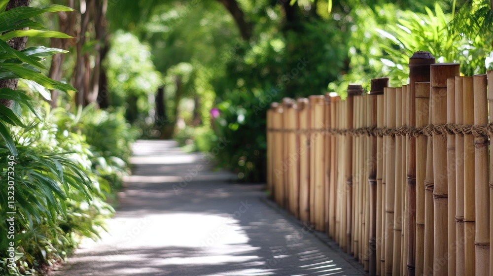Serene Pathway Surrounded by Greenery and Bamboo Fence Serene Pathway Surrounded by Greenery and Bamboo Fence