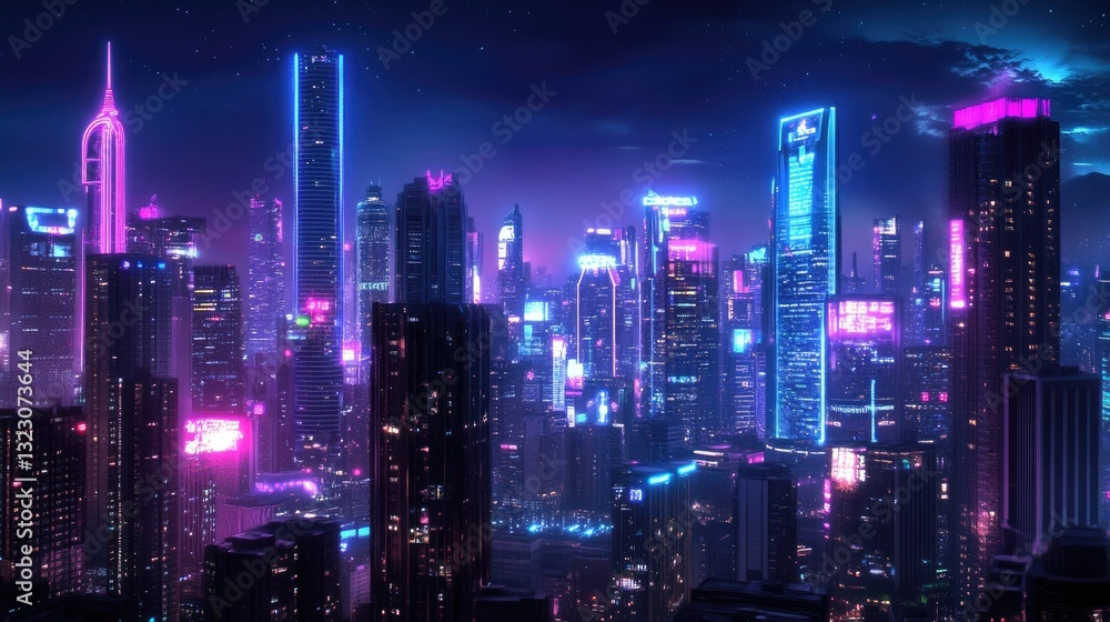 Obraz premium Futuristic City Skyline with Neon Lights and Night Atmosphere