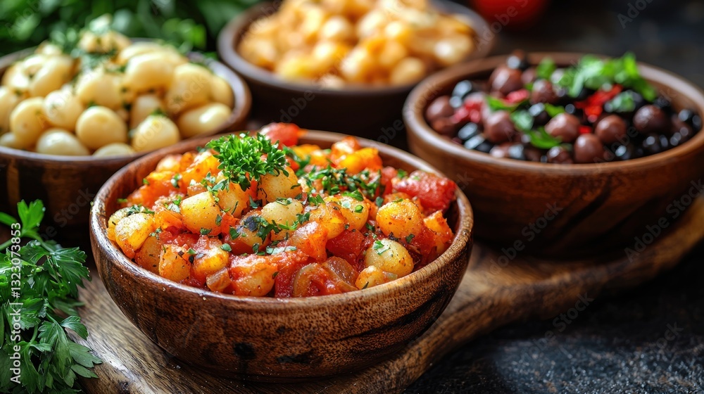 Four bowls of various beans and gnocchi dishes. Four bowls of various beans and gnocchi dishes.