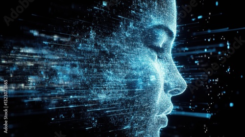 Abstract Digital Human Face Profile Composed of Blue Particles and Data Streams on Black Background