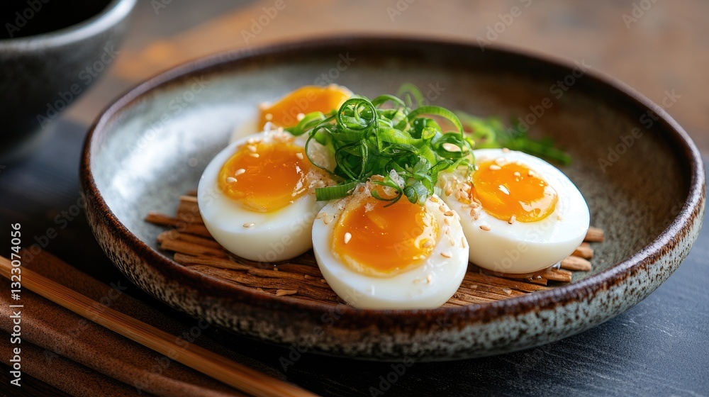 Delicious Soft Boiled Eggs with Sesame and Green Onion Garnish Delicious Soft Boiled Eggs with Sesame and Green Onion Garnish