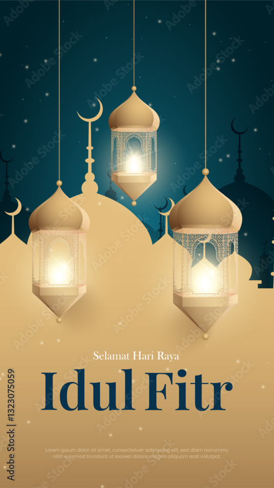 Elegant Idul Fitri Graphic Design with Islamic Patterns, Crescent Moon, Mosque Silhouette, Lanterns, and Festive Green-Gold Theme for Eid Mubarak Celebration, Greeting Cards, and Banners. Elegant Idul Fitri Graphic Design with Islamic Patterns, Crescent Moon, Mosque Silhouette, Lanterns, and Festive Green-Gold Theme for Eid Mubarak Celebration, Greeting Cards, and Banners.