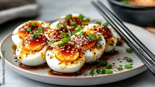 Deliciously Glazed Soft Boiled Eggs with Sesame and Green Onion