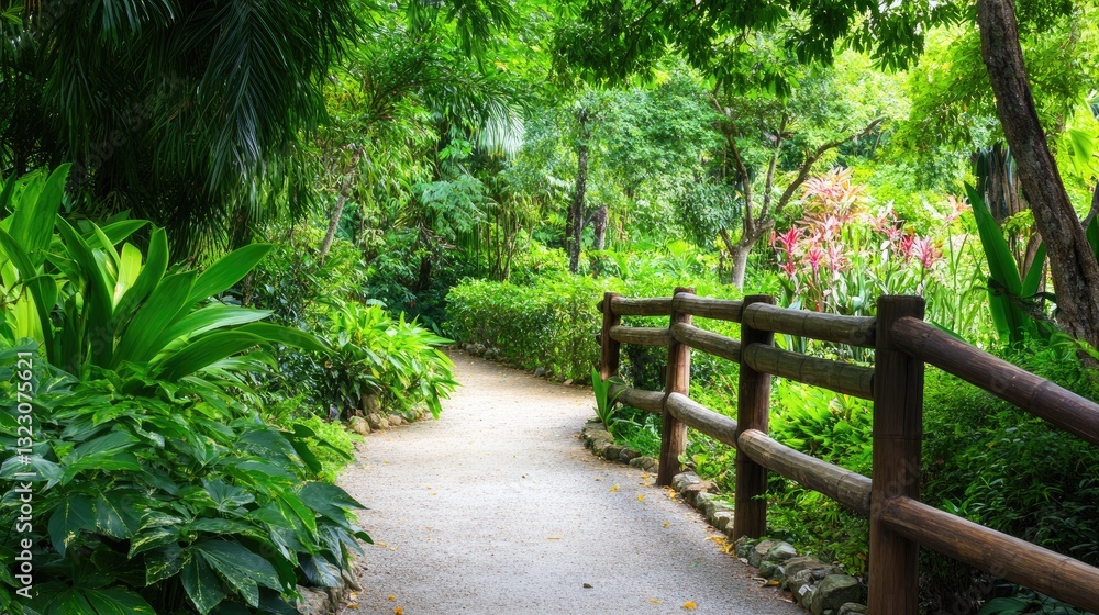 Serene Pathway through Lush Green Garden with Vibrant Flora Serene Pathway through Lush Green Garden with Vibrant Flora