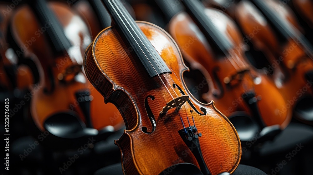 Fototapeta premium Close-up of multiple violins lined up.
