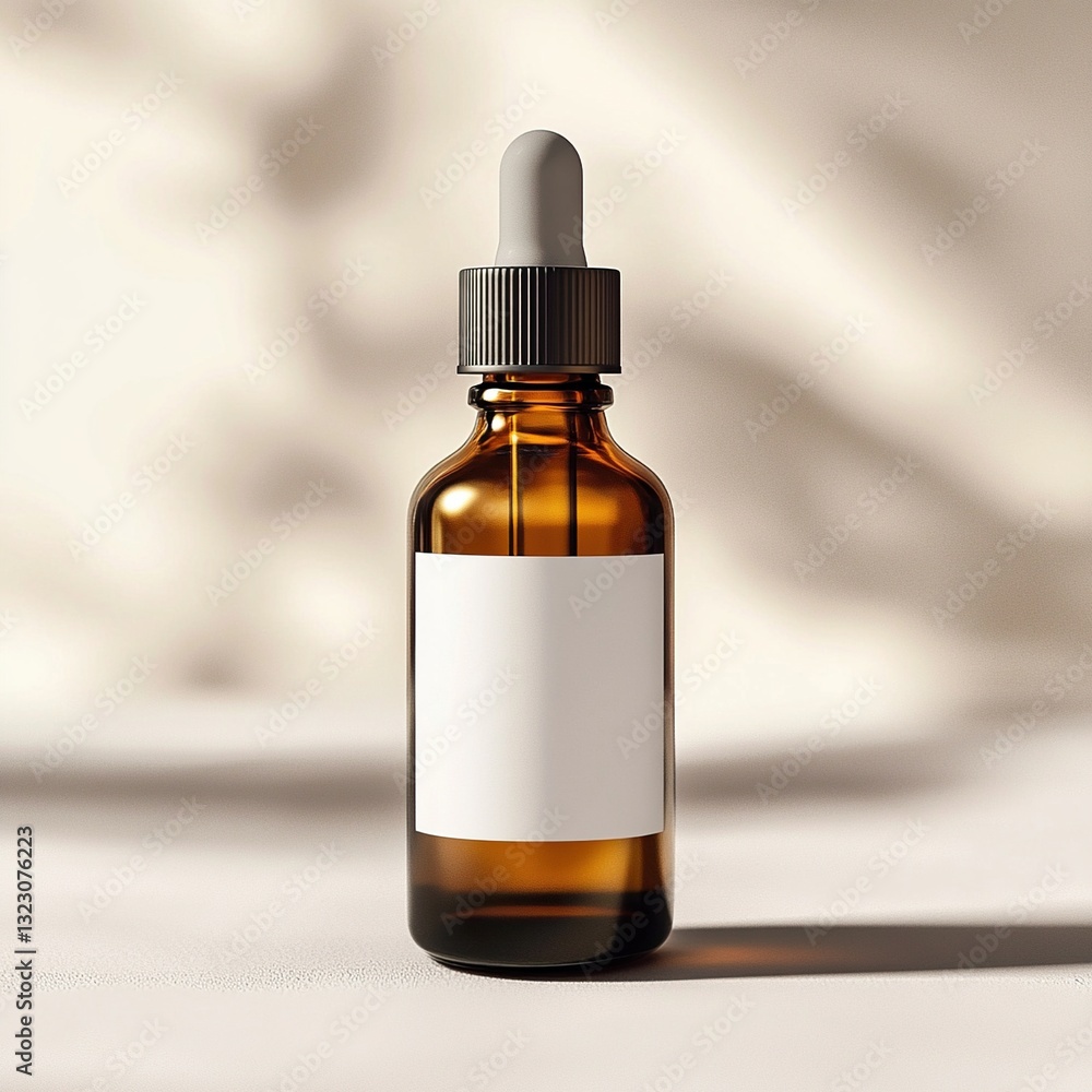 Amber glass dropper bottle with blank label on beige background. Amber glass dropper bottle with blank label on beige background.