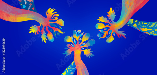 Vibrant trees in a colorful abstract design on blue