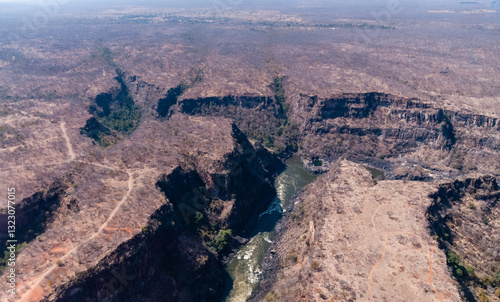 Aeriial shot of the gorges of the lower Zambezi river, just downstream from Victoria Falls. photo