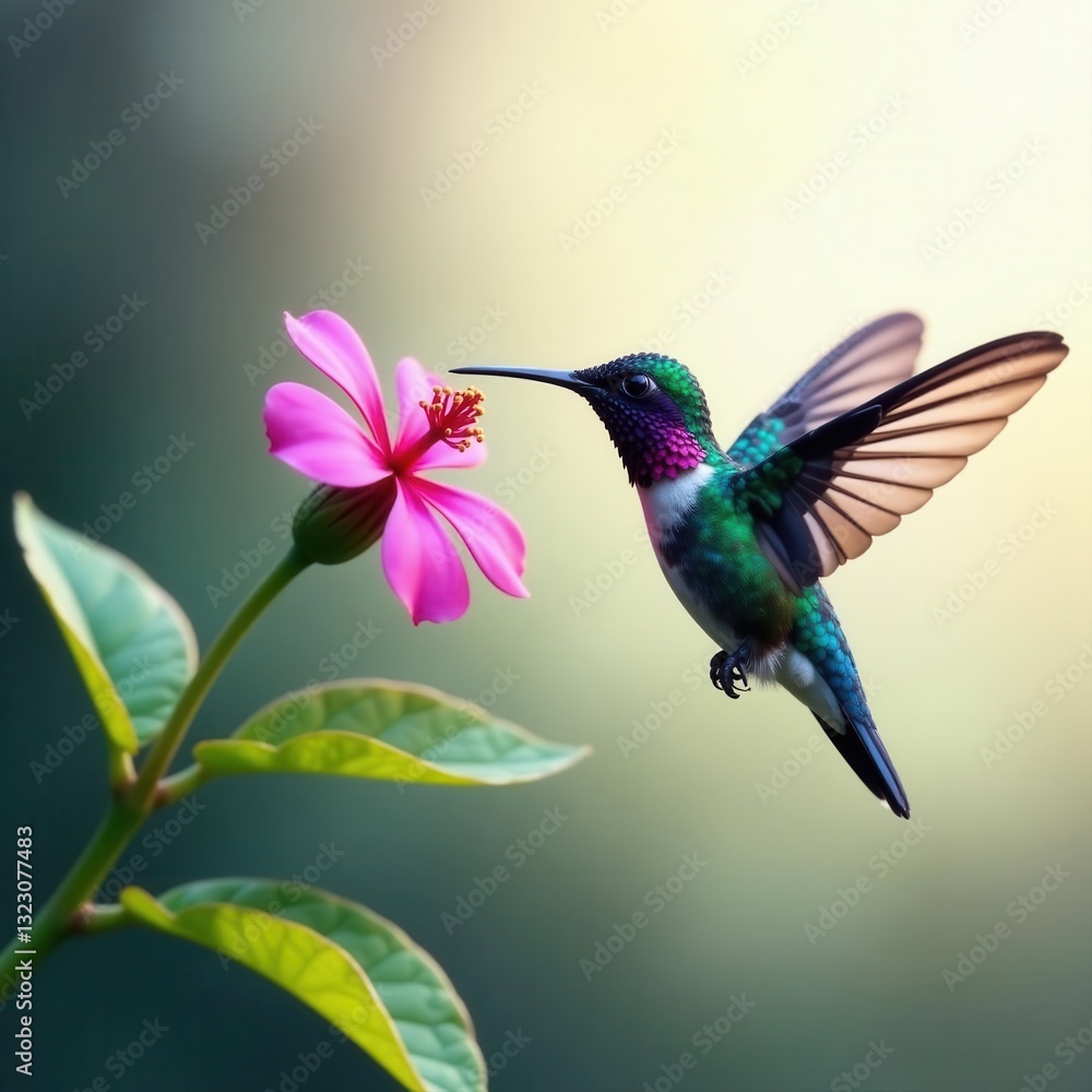 Obraz premium Blue hummingbird, violet sabrewing, in flight near flower , Central America, red, zoology