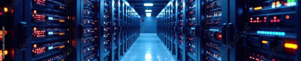 Fototapeta premium Brightly lit data center with server racks, cables, and cooling systems , technology equipment, networking, progress