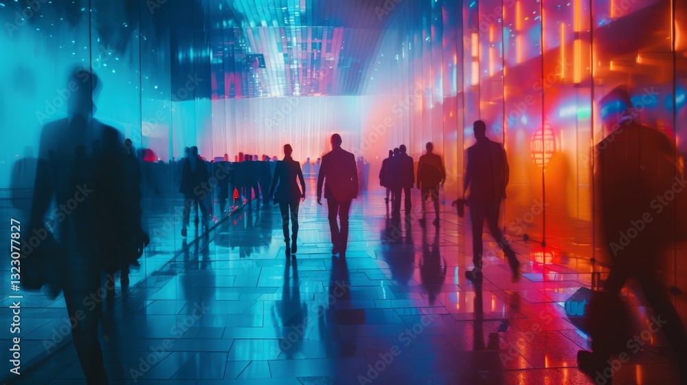 Obraz premium Silhouetted people in a modern office at sunset