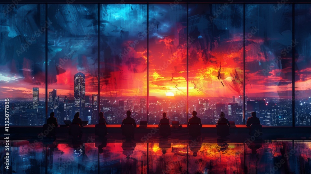 Obraz premium Silhouetted professionals in a contemporary office setting at twilight