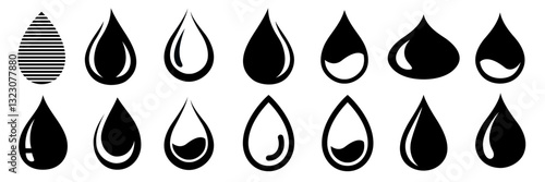 Water droplet icon set. Water drop logo. Black and blue water drop icons on white background. Splash water, milk, yogurt or cream. Vector illustration