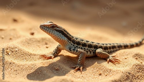 Desert Lizard on Sand Reptile Resting in Warm Sunlight on Sandy Ground