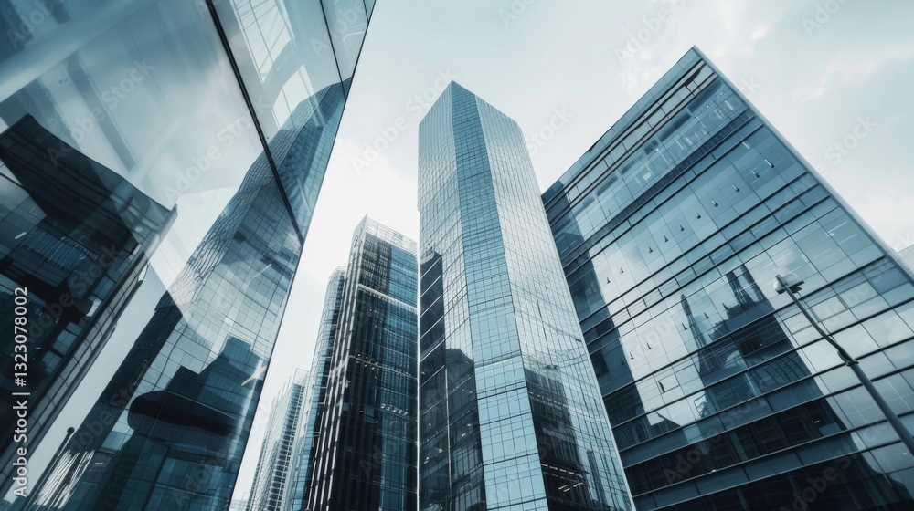 Fototapeta premium Twilight descends on a bustling city as the lights from modern skyscrapers reflect off glass facades.