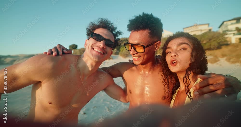 Selfie, beach and friends with smile, travel and happiness with vacation, weekend break and relax. Bonding together, people and men with woman, peace sign and summer holiday with nature and Maldives Selfie, beach and friends with smile, travel and happiness with vacation, weekend break and relax. Bonding together, people and men with woman, peace sign and summer holiday with nature and Maldives