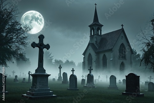 Eerie Halloween Background with Haunted Souls Foggy Cemetery Foreboding Church and Full Moon