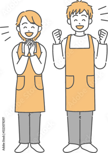 喜んでいる様子の、エプロンをした若い男女の全身イラスト
