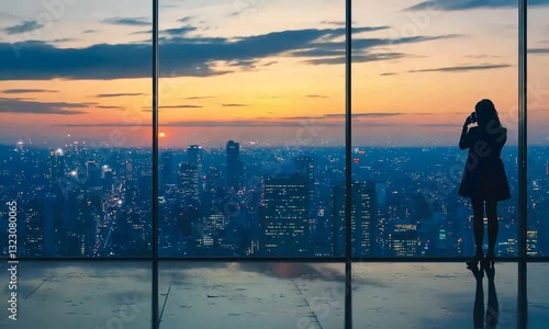 Businessperson Taking Call on Glowing Rooftop Helipad with City Skyline at Golden Hour