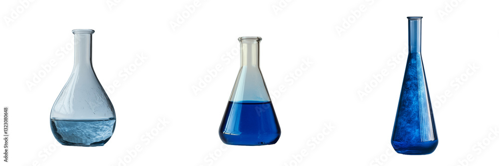 Three Glass Flasks Containing Different Blue Liquids isolated on transparent Background Laboratory Experiment Science Chemistry Three Glass Flasks Containing Different Blue Liquids isolated on transparent Background Laboratory Experiment Science Chemistry