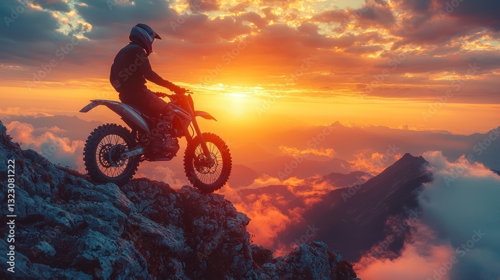 Obraz premium Motorcyclist on mountaintop at sunset.