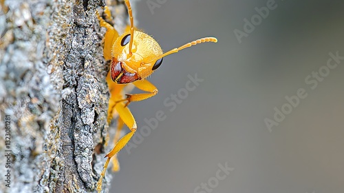 Close up Macro Photography of a Yellow Ant on Tree Bark Detailed Insect Texture