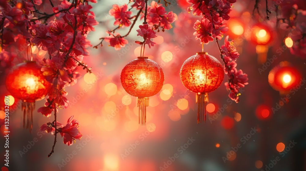 Fototapeta premium Illuminated red lanterns hanging amidst blooming pink cherry blossoms at sunset.