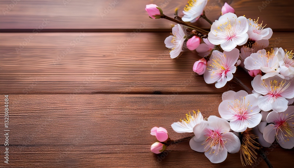 flower arrangement spring apricot sprigs with white and pink flowers lie on a wooden background selective focus free space flower arrangement spring apricot sprigs with white and pink flowers lie on a wooden background selective focus free space