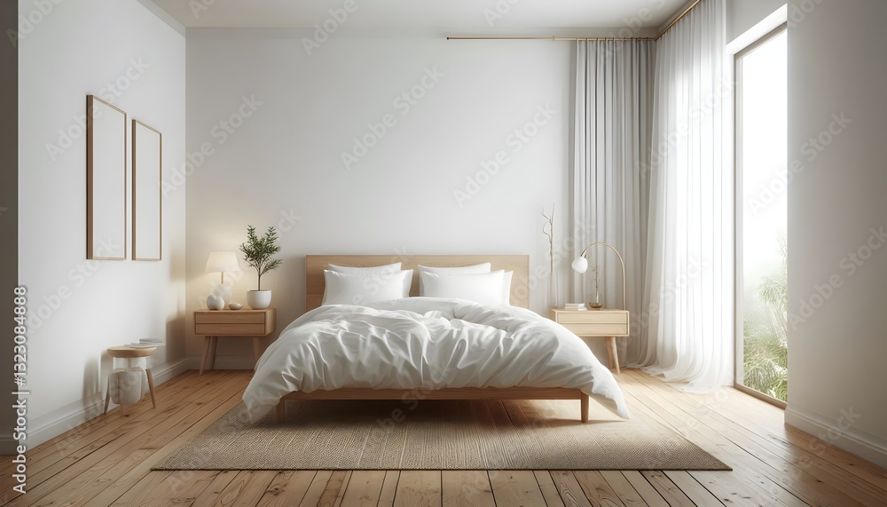 Fototapeta premium A clean and inviting bedroom features a large bed adorned with soft blankets and pillows