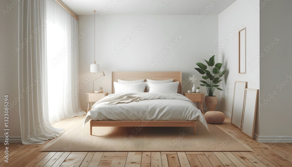 Fototapeta premium A clean and inviting bedroom features a large bed adorned with soft blankets and pillows