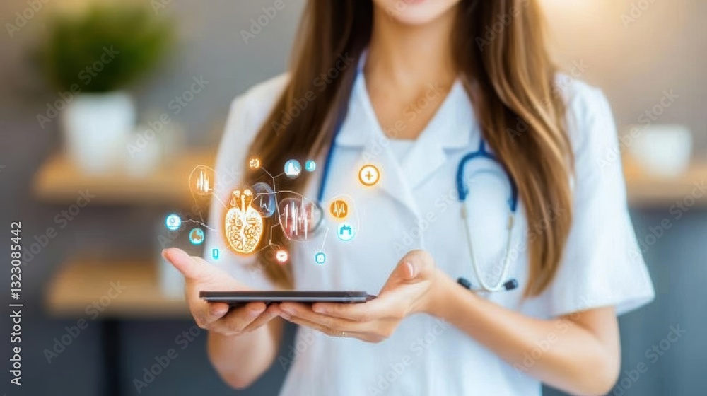Female Doctor Using Digital Tablet with Medical Holograms Female Doctor Using Digital Tablet with Medical Holograms