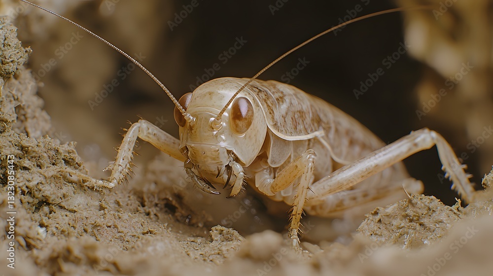 Detailed Close up of Pale Colored Cricket in its Natural Habitat Ground Burrow Detailed Close up of Pale Colored Cricket in its Natural Habitat Ground Burrow