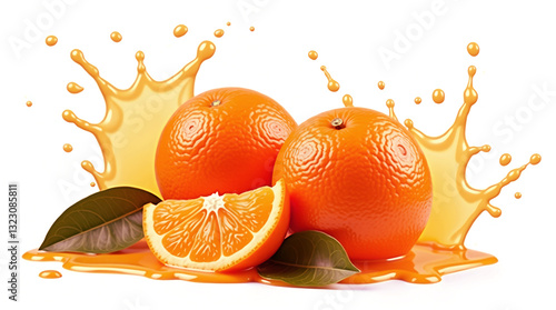 Juicy Oranges and Splashes of Fresh Orange Juice – Realistic Citrus Composition