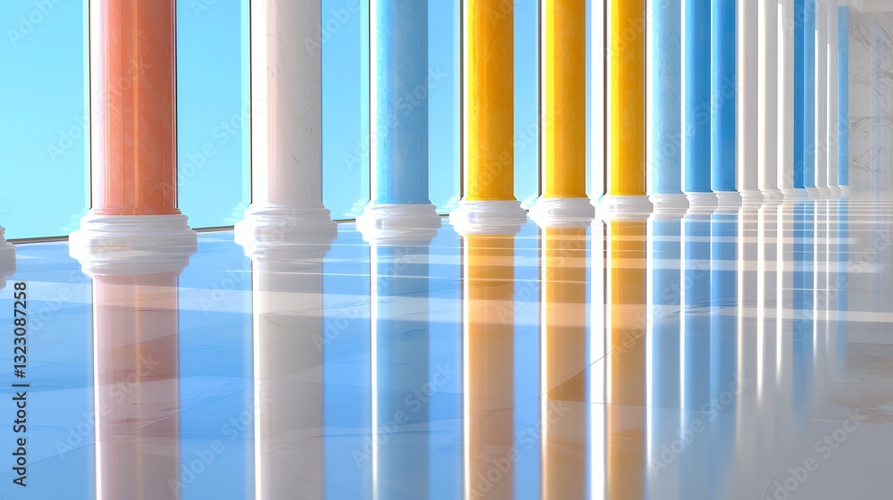 Vibrant Colorful Columns Reflecting Light in Modern Architecture Vibrant Colorful Columns Reflecting Light in Modern Architecture
