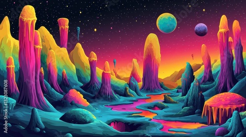 Vibrant Alien Landscape With Colorful Mountains And Planets