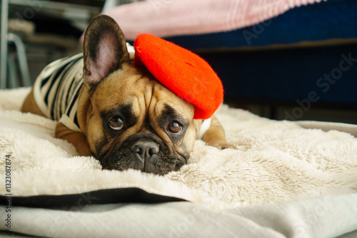 Stylish French bulldog in red beret 