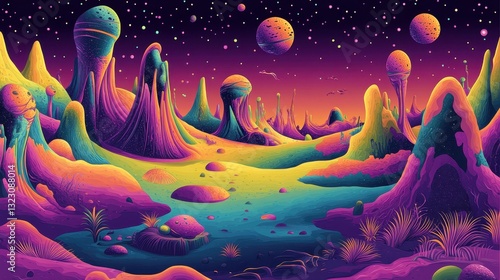Vibrant Alien Landscape With Unique Rock Formations And Planets