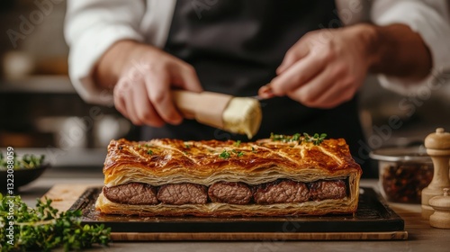 Beef wellington concept. Skilled Chef Carefully Preparing Gourmet Beef Wellington with Flaky Puff Pastry