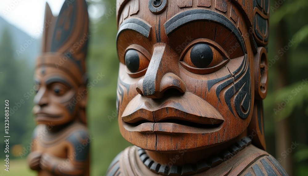 Ancient Carved Totems in Rich Wood Colors Against Blurred Background. A wooden totem pole with a face painted on it. Ancient Carved Totems in Rich Wood Colors Against Blurred Background. A wooden totem pole with a face painted on it.