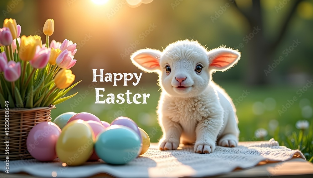 Fototapeta premium Adorable lamb celebrates Easter with colorful eggs and flowers.
