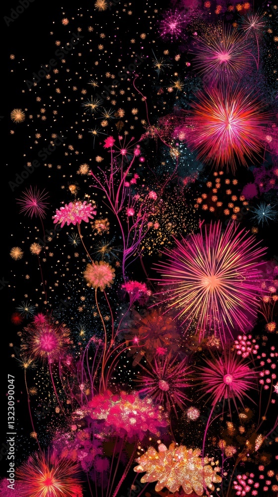 Fototapeta premium Celebration of bright fireworks in night sky urban setting festive atmosphere colorful display