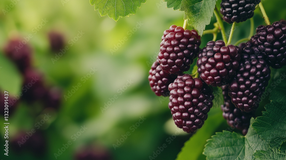 Mulberry Cluster: A close-up shot of a cluster of ripe mulberries hanging from a vibrant green branch, embodying the freshness and abundance of the season Mulberry Cluster: A close-up shot of a cluster of ripe mulberries hanging from a vibrant green branch, embodying the freshness and abundance of the season
