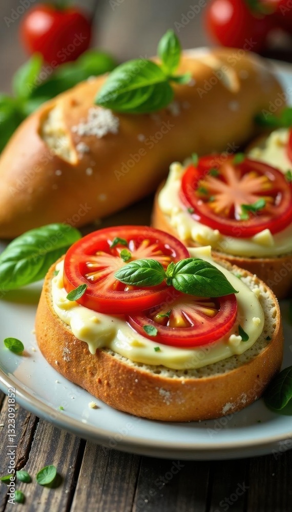 Rustic bread, juicy tomatoes, fresh salad on white tray, flatlay, summer Rustic bread, juicy tomatoes, fresh salad on white tray, flatlay, summer