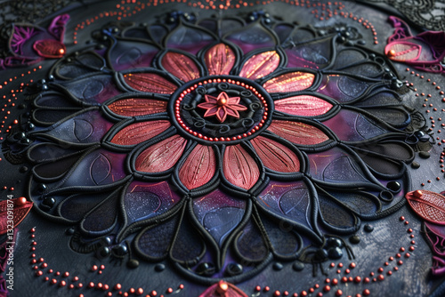 fractal flower background, Dark gothic mandala with black lace details, deep red and purple highlights, and an elegant mystic aura.