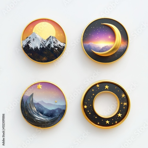 Four celestial themed decorative round icons.  Sunrise and mountains, crescent moon, starry night, and mountain views depicted.  Gold frames