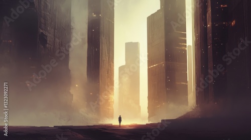 A lone figure stands before tall futuristic structures