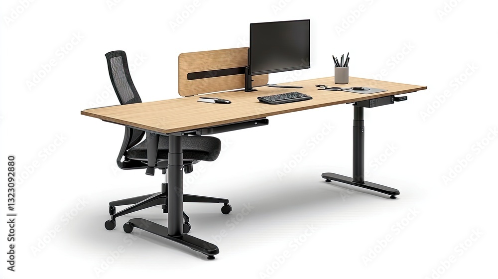 A modern MDF home office setup with ergonomic furniture. A modern MDF home office setup with ergonomic furniture.